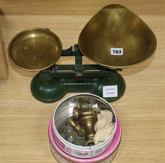 A set of Victorian cast iron scales, with brass pans